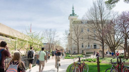 North Central College students walking the Old Main quad.